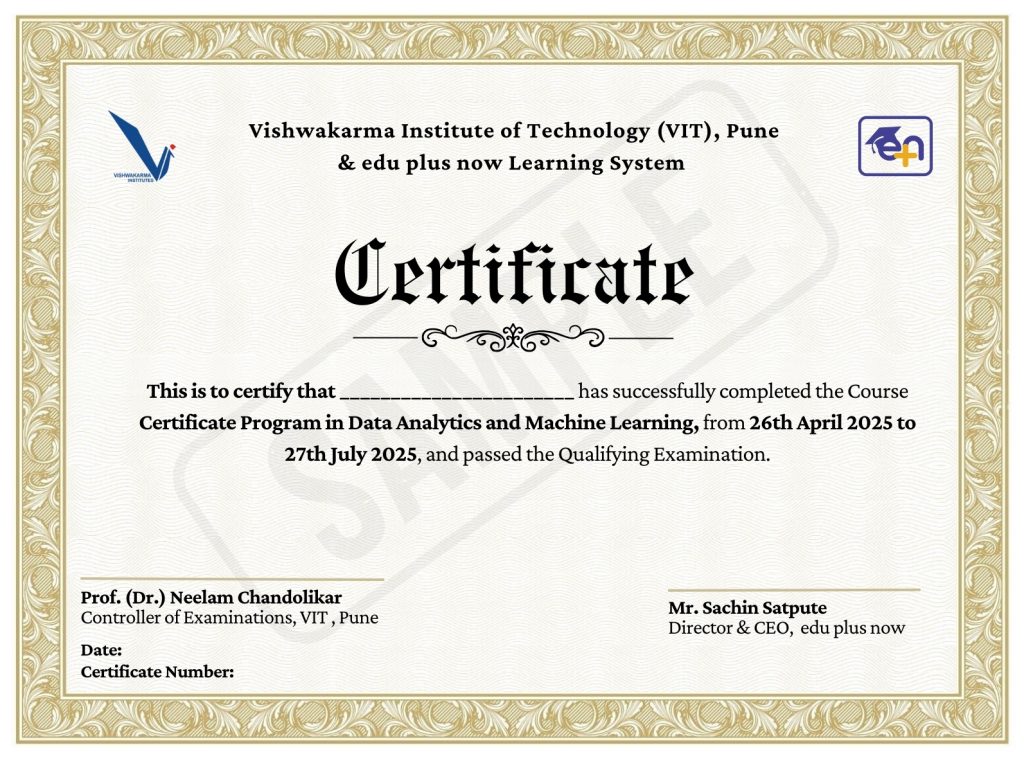 Sample of a certificate for the Certificate Program in Data Analytics and Machine Learning - edu plus now