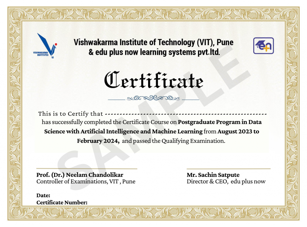 Sample of a certificate for the Post Graduate Program in Data Science with Artificial Intelligence and Machine Learning - edu plus now