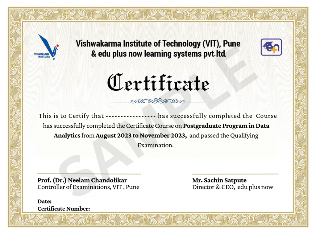 Sample of a certificate for the Advanced PG Program in Data Analytics edu plus now