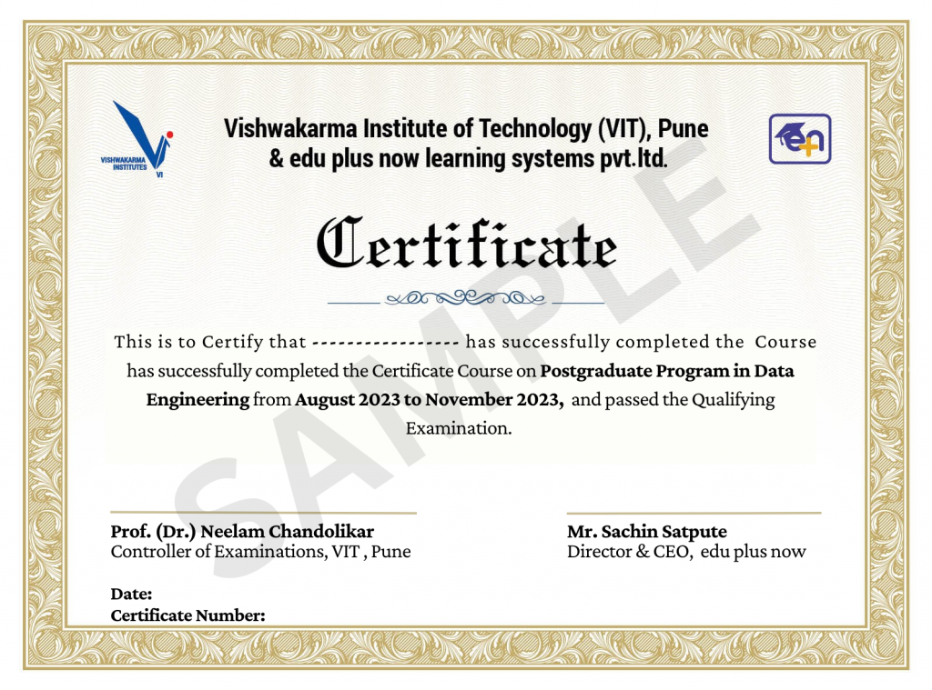 Sample of a certificate for the Advanced PG Program in Data Engineering - edu plus now