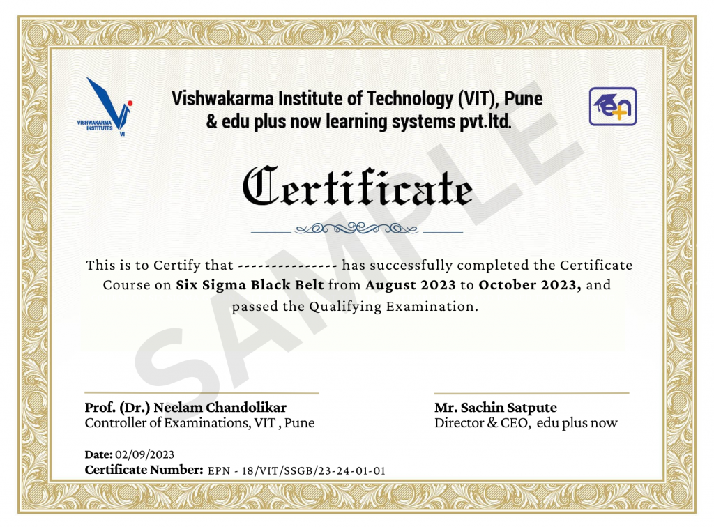 Sample of a certificate for the Certificate Program in Six Sigma Black Belt- edu plus now
