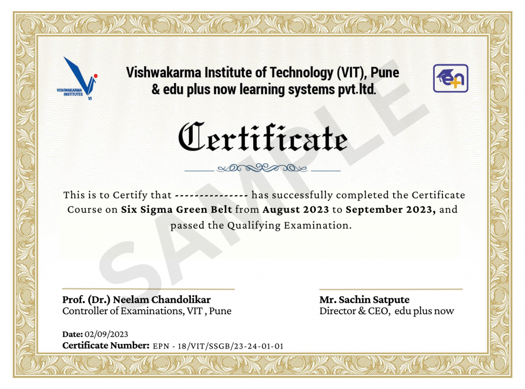 Sample of a certificate for the Six Sigma Green Belt Certification Programme