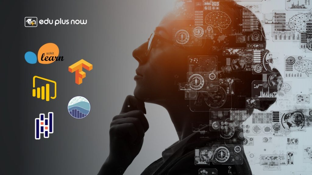 A thoughtful woman analyzing data, surrounded by icons representing 5 top AI tools for data analytics—TensorFlow, Scikit-learn, Power BI, Pandas, and Seaborn—symbolizing the future of AI-driven decision making in 2025.