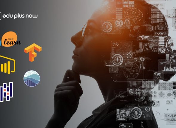 A thoughtful woman analyzing data, surrounded by icons representing 5 top AI tools for data analytics—TensorFlow, Scikit-learn, Power BI, Pandas, and Seaborn—symbolizing the future of AI-driven decision making in 2025.
