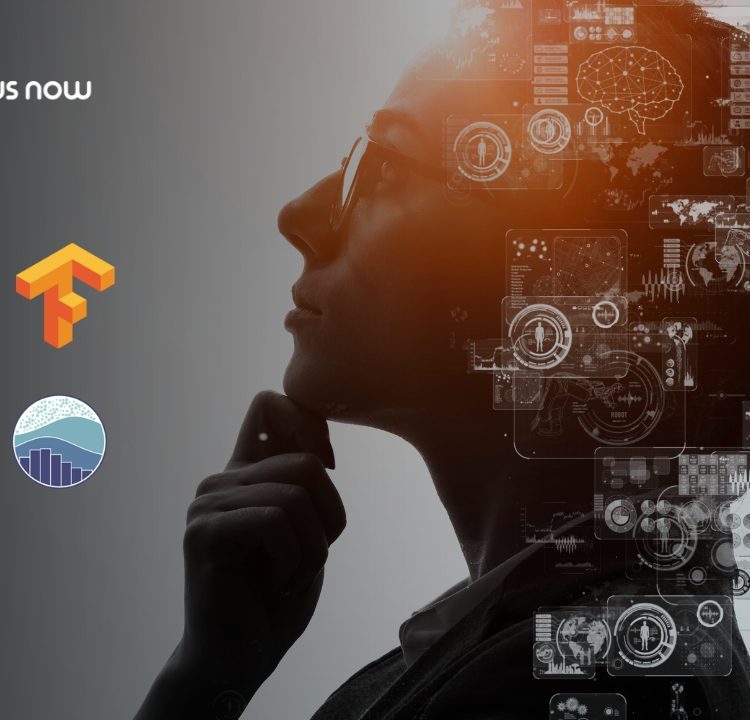 A thoughtful woman analyzing data, surrounded by icons representing 5 top AI tools for data analytics—TensorFlow, Scikit-learn, Power BI, Pandas, and Seaborn—symbolizing the future of AI-driven decision making in 2025.