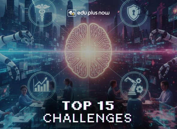 Futuristic digital landscape of 2025 with a glowing AI brain core at the center, representing artificial intelligence in healthcare, finance, education, cybersecurity, and robotics. The scene is split between AI benefits and challenges, with humans interacting with intelligent systems, robotic arms, and neon-lit smart cityscape in the background. Conceptual artwork illustrating the future of AI, ethical concerns, and technological advancement.