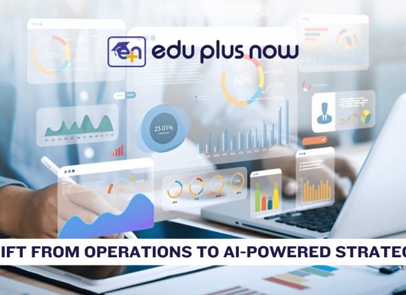 Laptop user reviewing digital AI dashboards and analytics charts, symbolizing FinTech managers shifting from operations to data-driven leadership with Edu Plus Now.