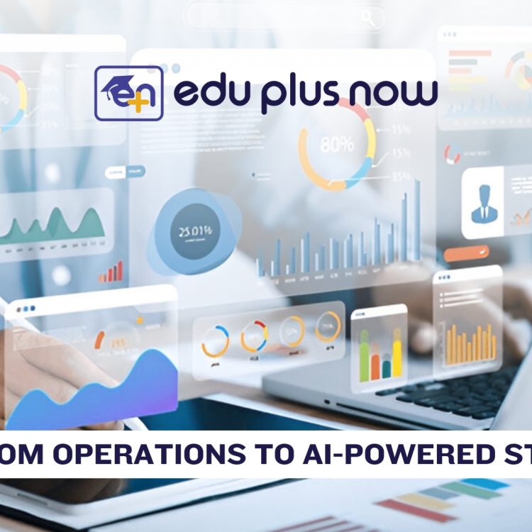 Laptop user reviewing digital AI dashboards and analytics charts, symbolizing FinTech managers shifting from operations to data-driven leadership with Edu Plus Now.