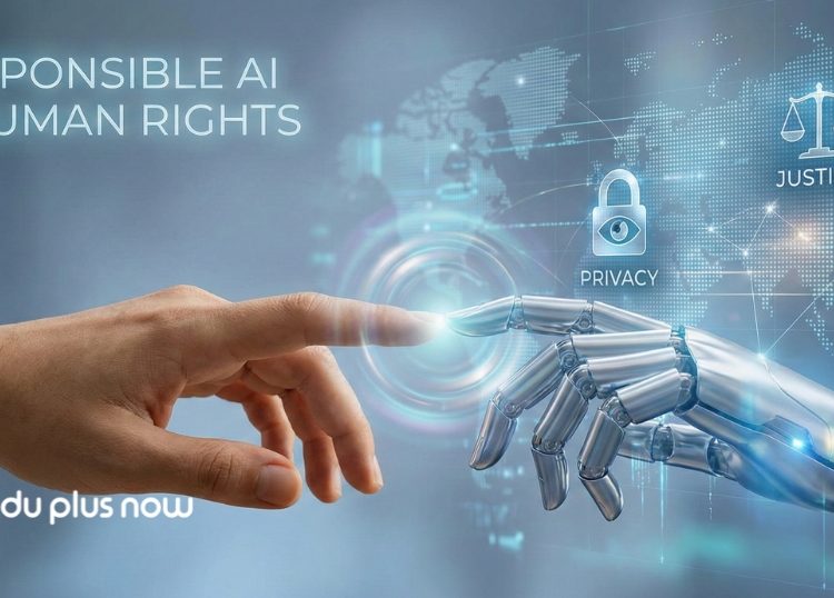 Human hand gently touching robotic hand with glowing light between them, symbolizing Responsible AI and protection of human rights in a digital future.