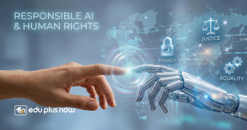 Human hand gently touching robotic hand with glowing light between them, symbolizing Responsible AI and protection of human rights in a digital future.